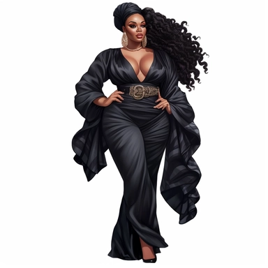socialite black woman bods, plus size, long massive braids, full glam, fashion icon, talented and good vibes, dressy pant and couture frilly outfit, clipart, Juneteenth colors, white background
