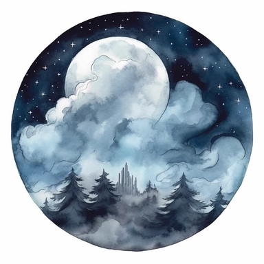 watercolor style, Ominous moonlit sky: An illustration of a night sky with a full moon, stars, and dark clouds, creating a spooky atmosphere. clipart, isolated on white background, 4K