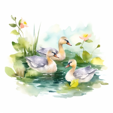 create an image of a pond with baby geese swimming on a white background, clipart, watercolor, 8k, vibrant