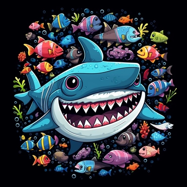 cute cartoon shark clipart, black background,--no cut off edges