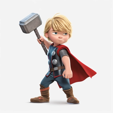 boy as Thor in avengers as disney character, full body, holding his hammer, disney, hd, clipart