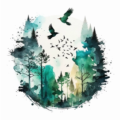 A peaceful forest with green trees, a blue sky, and small birds flying through the air. Clipart Watercolor white background