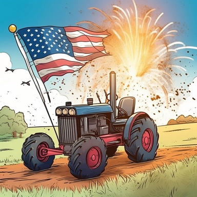 Super cute, American flag with tractor and firework Sublimation Clipart, Cartoon funny, Cute anime, Very detailed, blue sky colorful background