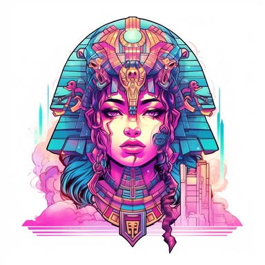 synthwave-styled Cleopatra Pharaoh , watercolor , in the style of dan mumford, light magenta, tropical symbolism, cute and colorful, transparent layers, rounded, vibrant and colorful, clipart, white background, high detail, individual elements