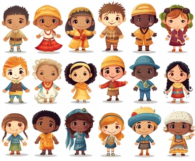 Clipart sheet on a white background, cute adorable children from around the world, children of different races and cultures, african, american, asian, jaspan, russain, pacific islander, spanish, mexican, south america, all wearing clothes from their nativ