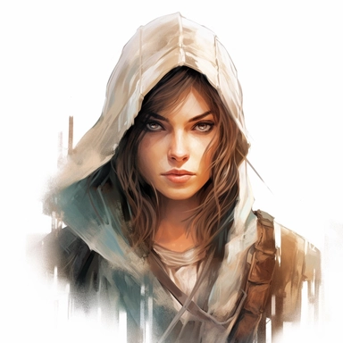 beautiful stunning pretty young woman as assassin creed character, different skin colour and different hair color paint art style, clipart, white background, superrealistic, one of a kind