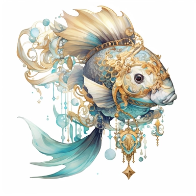 watercolor clipart featuring sea fish, in the style of realism with fantasy elements, exquisite clothing detail, light gold and aquamarine, elaborate beadwork, uhd image, pictorial dreams, surreal illustration