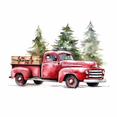 red christmas truck with chrristmas tree clipart, white background
