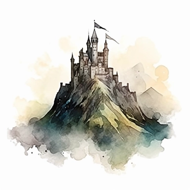 camelot mysterious fantasy faded cloudy image of a castle that is built into a mountain watercolor clipart
