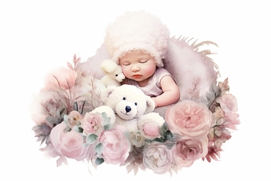 watercolor clip art illustration, newborn baby floral decoration with white pastel pink rose, full body, sleeping with poodle bear, aerial view, white background