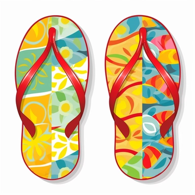 Design a pair of playful flip flop clip art images, showcasing the quintessential summer footwear in a variety of bright colors and patterns. The flip flops should be depicted with a comfortable and casual design, perfect for a day at the beach or a leisurely walk. Set against a crisp white background, these flip flop images are perfect for adding a touch of laid-back style to summer designs.