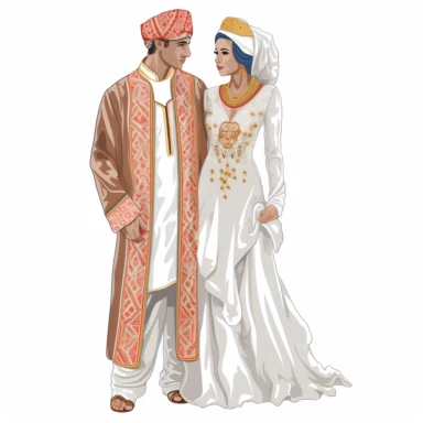 Create one clipart full size body of a couple wedding [maroccan] with loving expressions, gentle and affectionate body language, hugs . The couple is form with [ bride in kifta wedding dress] and [ a man in maroccan suit wedding ]. Use traditional clothing and accessories that are meaningful to each culture, and incorporate [color] and [color] to add visual interest and cultural significance to the design by Eddie Campbell