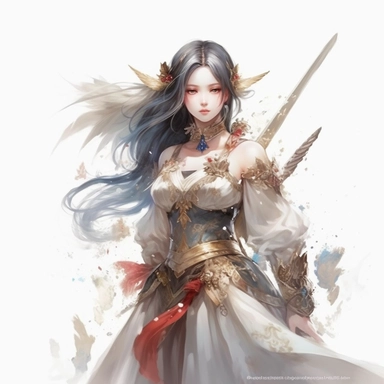 a beutiful relistic looking warrior girl standing full height in battle,alchemy of the soul, Takehisa Yumeji's art style, soft, glowing watercolour clipart, isolated clipart, white background