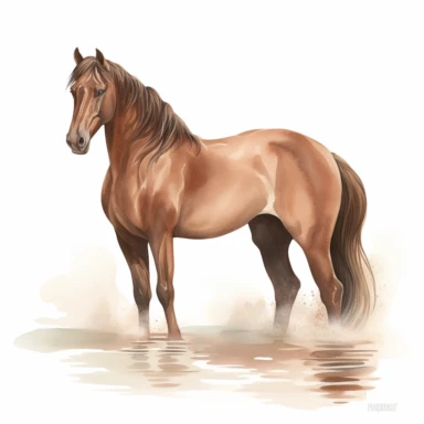 A clipart that shows a majestic brown horse in a graceful pose on a white background. The horse's body is elegantly curved to emphasize its beauty and grace. It may be standing on a slight hill or in an idyllic landscape. The water colors give the clipart a soft and flowing look. The colors can be soft and pastel to create a calm atmosphere. Use different shades of blue for the background to create a natural water or sky look. The contours of the horse are subtle and well defined to clearly show