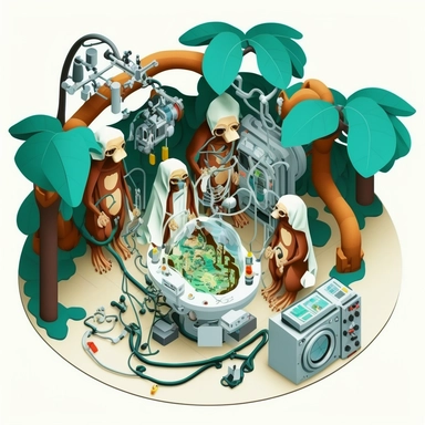 Hyper-detailed inflatable complicated operation in the operating room, monkeys are the doctors , white bg, isometric, clipart