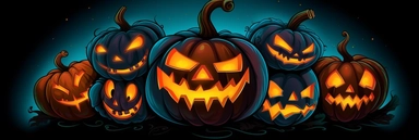 halloween pumpkins vector vector clip art, collection of free halloween pumpkin, in the style of black background, tasteful use of negative space, hellish background, caricature faces, light black and orange, light sky-blue and dark orange