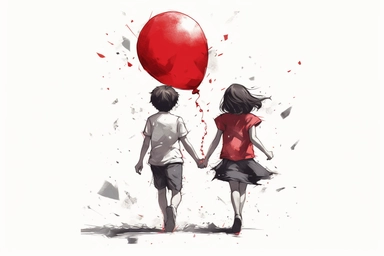 cute beutiful girl and boy holding hands, red half of the heart shape balloon geometric minimalist , valentine's day, top view, running in Tokyo, ink, Ghibli style, 8k, Leyka 35mm very detail clipart on white background space out 8k