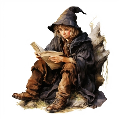 Hand drawn Vintage wizard schoolboy sitting beside the book , full body, no background, watercolor, witchcraft, magical mystery art, cartoon style, very detailed, 8k ,clipart,no shadow,single design, print on demand image, PNG transparent ,white background for removing background - - no text shadow font watermark
