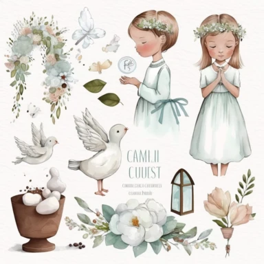 First communion illustrations clipart set, watercolor, white background, simple, soft colors , cartoon elements girl, boy ,holy cross, white doves, tulips, peonies, eucalyptus branches, wooden rosary beads, white flowers