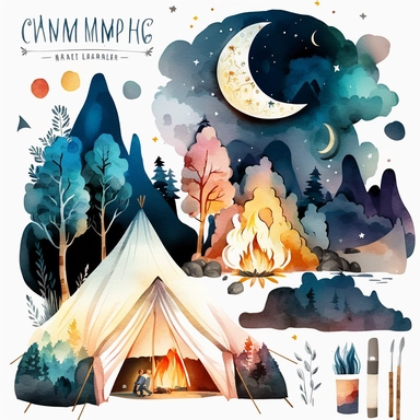Camping by Night Watercolor Clipart, Hiking family, Camping Bundle PNG, Moon light, Fireplace, Tent, Campers, Forest, white background with margins + 2D