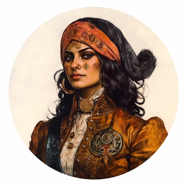 Martin Johanna's painting depicting an Irish Persian female regency orientalism noble soldier, Amoako Boafo Mad Max Lord of the Rings, handpainted punk zine indie retrowave film poster, clipart illustration, circle white background, circular border