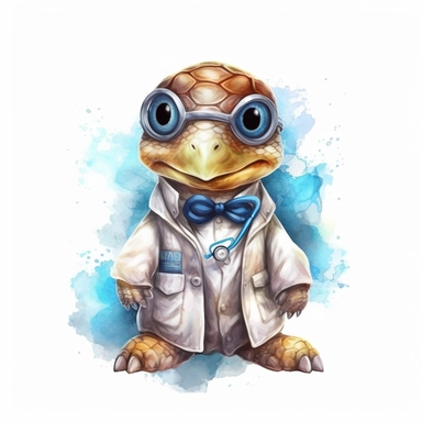 watercolor clipart, vey cute happy turtle, wearing a stethoscope and a white coat, working as a veterinarian, watercolor style, realistic, bright colors, 300 dpi, 8k, white and clear background, high solution