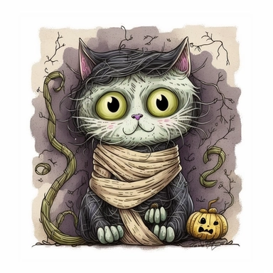cute mummy black cat halloween, Watercolor style, Clipart,highly detailed on white background