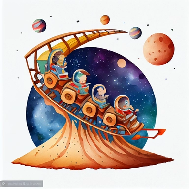 Children riding space roller coaster, watercolor Illustration clipart, 4K, extremely detailed