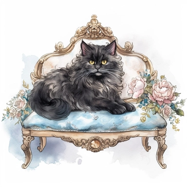 make a clipart of watercolor fairytale black fluffy princess cat with a gold jeweled crown and blue eyes, laying on a blue victorian foot stool, and roses, rococo, shabby chic