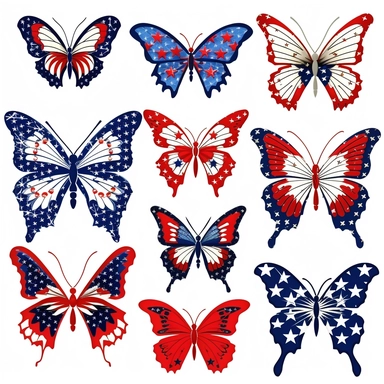 patriotic butterfly clipart, a collection of vibrant clipart illustrations, featuring butterflies with a patriotic theme, depicted with wings resembling the American flag, using bold and patriotic colors such as red, white, and blue, perfect for adding a touch of patriotism to designs, suitable for greeting cards, posters, or digital artworks,