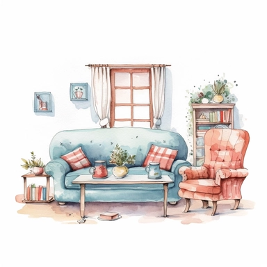 clipart furniture watercolor flat color simple lines cute cartoon white background , 8k