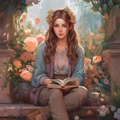 Close up full body portrait of a beautiful woman sitting on park bench surrounded by wreath of blooming flowers. She is holding a stack of many books. She is fashionable in cozy clothes, has glowing healthy skin, big eyes, small nose and braided hair. Incorporate muted pastel spring colors throughout the illustration. The oil painting should evoke a sense of magical cottagecore realism and a spring aesthetic feel and be delicate, sweet, eye catching and utilize beautiful afternoon lighting. The 