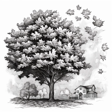 line drawing in black and white, coloring book, clipart style, maple tree in fall with leaves falling