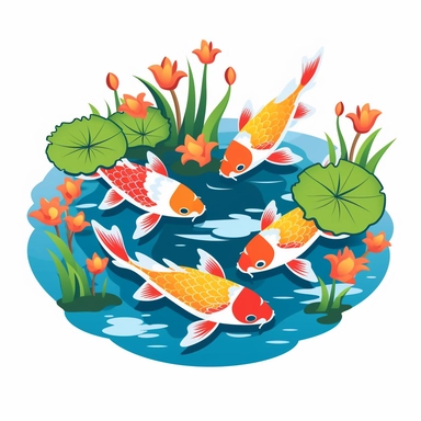 Create a clipart-style image of a cute koi fish pond on a white background. The pond should be depicted with vibrant, lively colors, with a serene and peaceful atmosphere. The koi fish should be the main focus of the image, with intricate details and a variety of bright colors, showcasing their beauty and elegance. The pond should be adorned with lily pads, water lilies, and other aquatic plants, adding to the natural and tranquil setting. The overall style should be light and whimsical, with a 