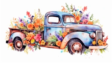 Wildflower Truck Clipart in watercolor, white background, nothing else in the background, masterpiece, close to perfection, rich colors, 32k, HDR,