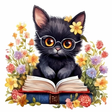 a cute black cat with glasses reading a book, with flowers, hand painted, oil paint, clipart, children's book illustration, white background, isolated, nursery art