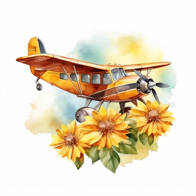 clip art ,airplane sunflowers watercolor , no background