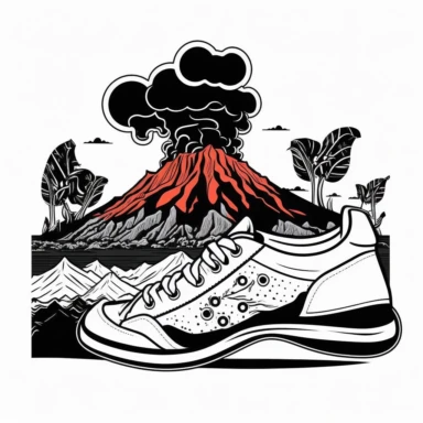 Coloring Page of Sneaker Volcano Expedition: Depict sneakers exploring a volcanic landscape, with lava flows and steam rising from fiery mountains, Doodle Art, LSD, Simple Design, Clipart black and white, Flat Vector
