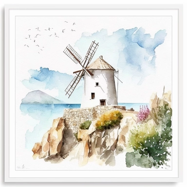 windmill on cliff watercolor,all white background, clipart
