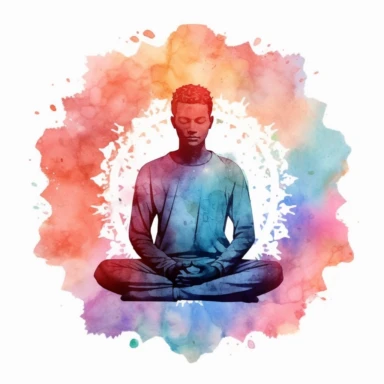 watercolor clipart of meditating man, closed eyes, celestial atmosphere, vibrant chakra colors, on white background