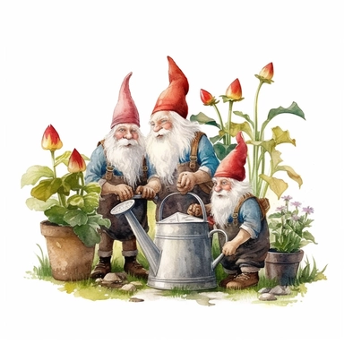 A group of Garden gnomes working together to water plants in the garden using tiny watering cans. Sunshine, white background, style of Pierre-Joseph Redoute, as clipart, single design, sharp lines, dreamy.