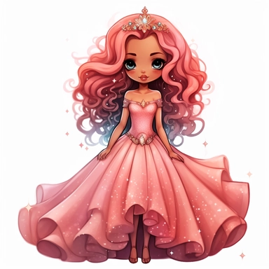 A cute detailed black girl in chibi style, Jasmine Becket - Griffith style, watercolour illustration clipart with real glitter detail, wearing a beautiful pink full length ballgown style dress, the girl has long red hair, the girl has blue eyes, full body image, with feet isolated on a white background,