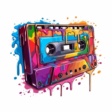 Cute Beautiful Retro 90s Color Melting cassette tape Sublimation Clipart,Cartoon, hyper realistic, intricate detail, illustration style,high solution,on the white background