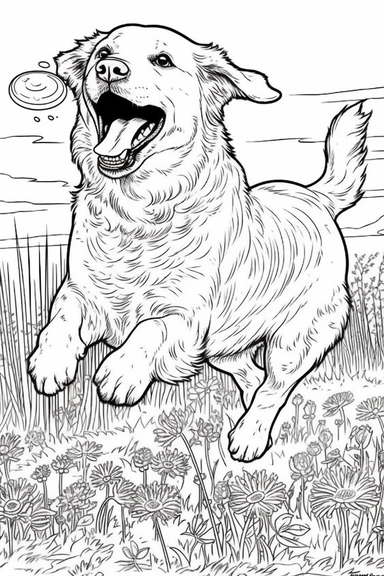 vintage line drawing style coloring page with no background of a happy beautiful dog catching a frisbee in the backyard, line art, no shading, thick strong lines, adult coloring page clipart