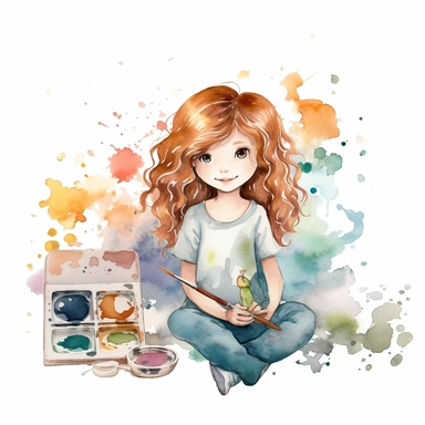 watercolour clipart of a girl , the sweet and scatterbrained dreamer, with a great sense of humor. She immerses herself in the world of digital design, creating exquisite papers for scrapbook albums. Though she may often forget things, her delicate touch and gentle nature shine through her artistry, make her smile and exalted mood, white background, high quality, 8k, f1