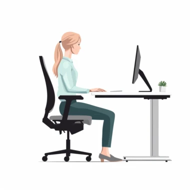 Scandinavian woman with a ergonomic posture in a chair in front of a minimalist and empty office desk, typing on keyboard, left side view, draw clipart, isolated on white, uhd