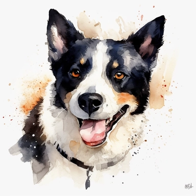 cute Karelian Bear Dog dog portrait, full face, centered shot, side shot, dynamically posed, in action, playful mood, happy mood, playing mood, cute face, adorable smile, childlike eyes, clean watercolor illustration, white background, nursery baby imagery, painting, detailed, 8k, PNG, clipart,
