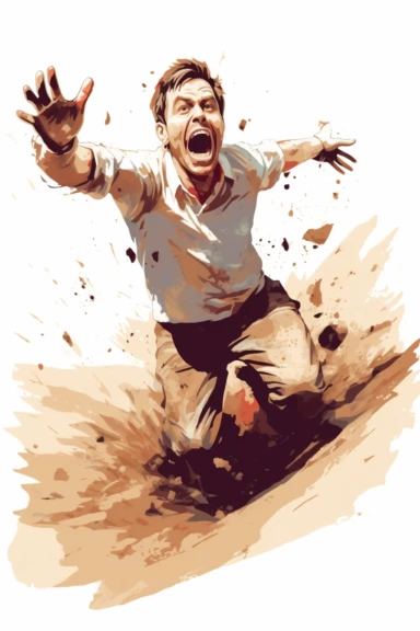 frightened man almost being swallowed up by quicksand, fighting for his life, full, no cropping, drawing with broad strokes, in cartoony clipart style, white background, white border