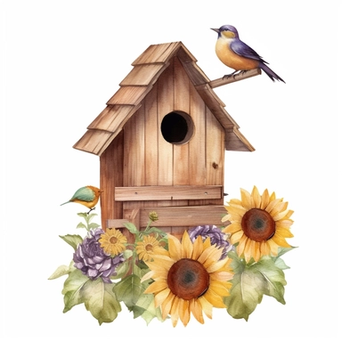 a old country birdhouse with sunflowers and lavender growing nearby watercolor clipart no fonts no letters no words