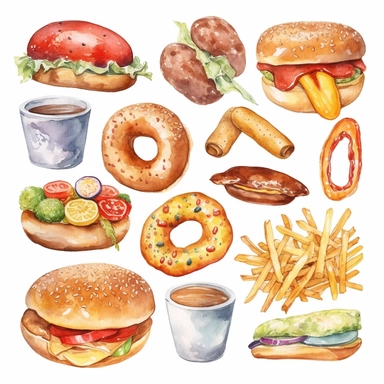 fast food, watercolor, clipart set, pizza, donut, hot dog, hamburger, cheeseburger, ice cream, popcorn, pretzel, isolated on white background